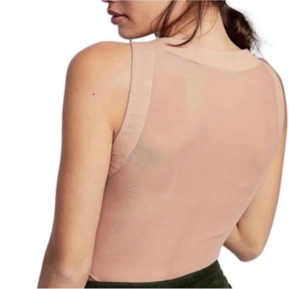 Free People Shes A Catch Bodysuit Top Sz S Nude Square Neck Sheer Back Stretch